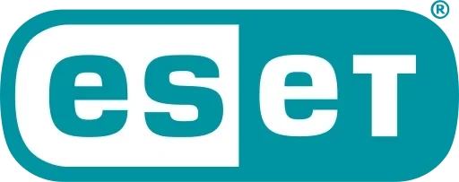 Oficjalne logo ESET z charakterystycznym symbolem przypominającym pigułkę wraz z napisem.