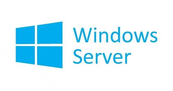 Oficjalne logo Windows Server przedstawiające niebieski logotyp Microsoft obok nazwy systemu operacyjnego.
