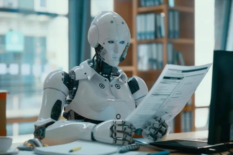 Robot humanoidalny analizujący dokument papierowy w biurze, ilustrujący precyzję algorytmów AI w procesach księgowych.