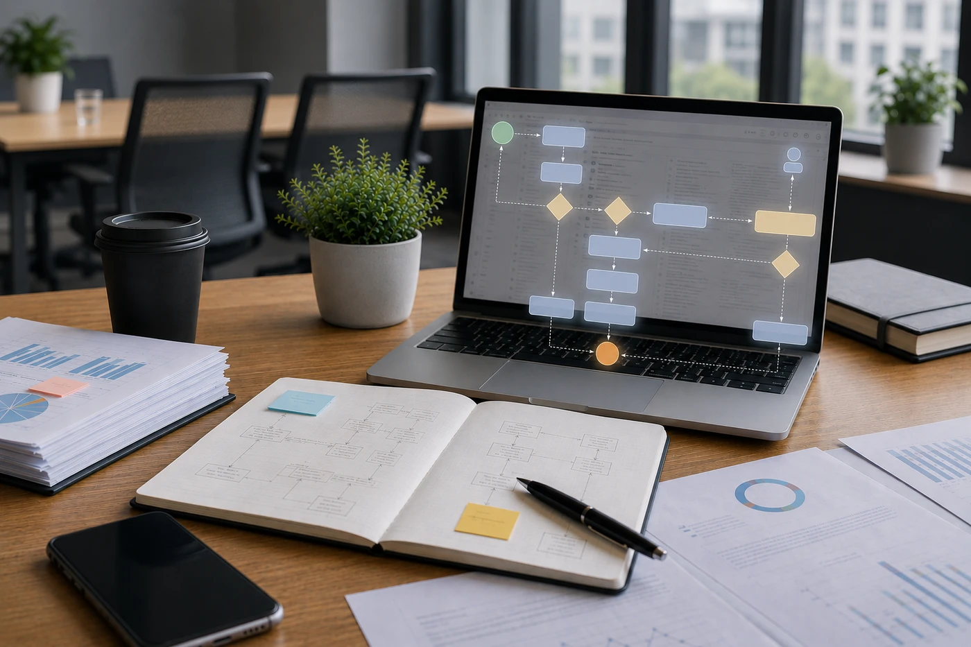 Automatyzacja procesów biznesowych – cyfrowy workflow na laptopie