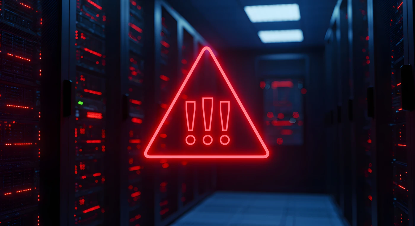 Czerwony znak ostrzegawczy w ciemnej serwerowni, symbolizujący krytyczną awarię systemów i potrzebę planu Disaster Recovery.