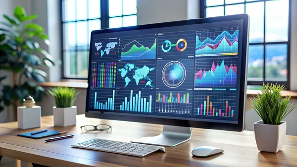 Pulpit monitoringu Zabbix wyświetlający wykresy wydajności infrastruktury IT na ekranie komputera w biurze eBimedia.