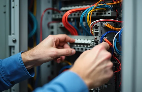 Technik IT optymalizujący okablowanie w szafie serwerowej – symbol badania przepustowości sieci i mocy obliczeniowej.