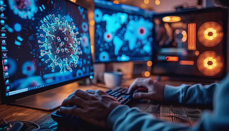 Wizualizacja zagrożenia cybernetycznego na monitorze – ochrona sieci firmowej z wykorzystaniem Fortigate Firewall i AI.