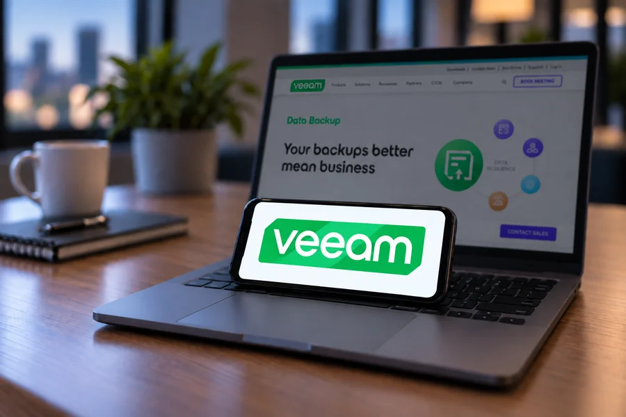 Smartfon z logo Veeam na tle ekranu komputera – profesjonalne rozwiązania do backupu i przywracania danych dla firm.